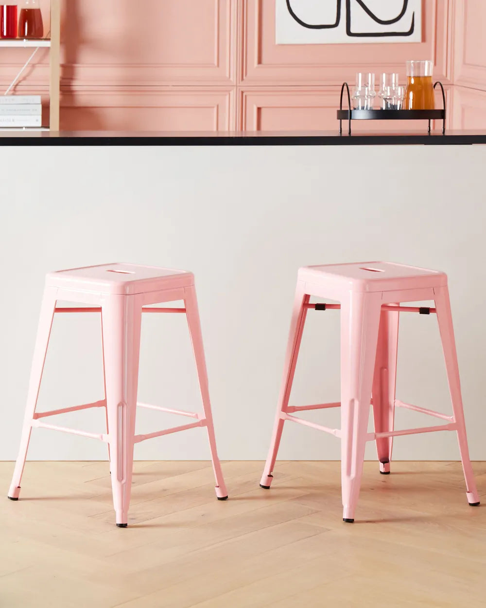 Set of 2 Bar Stools Metal Pink Space-Saving and Stackable Yerano