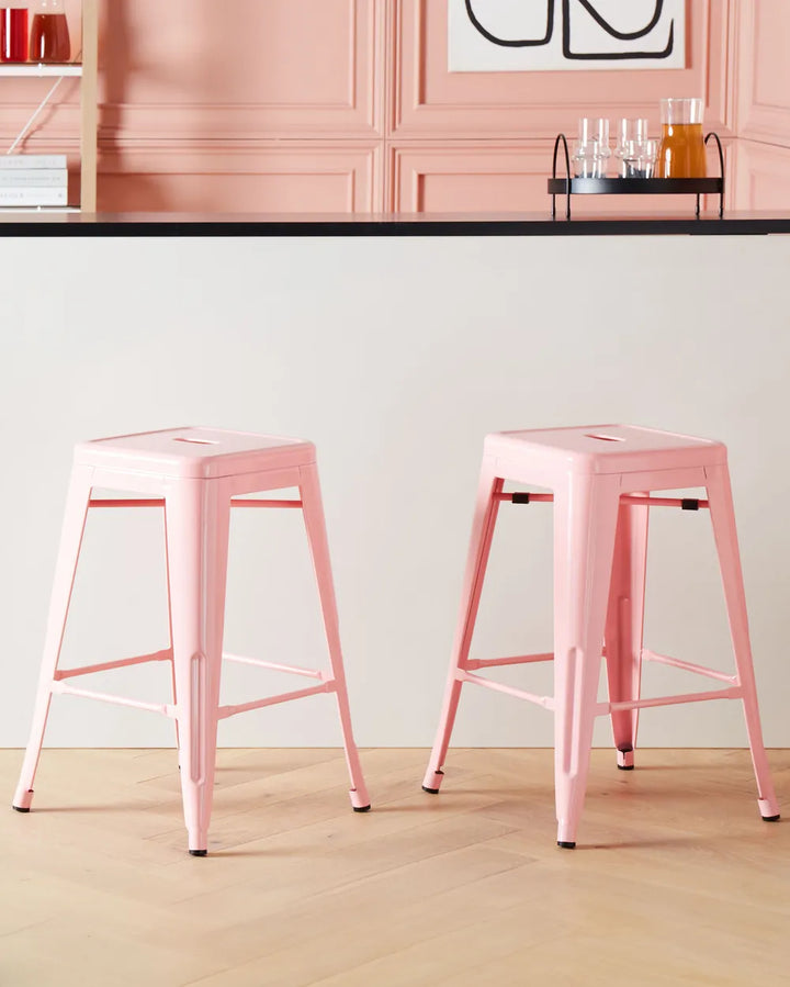 Set of 2 Bar Stools Metal Pink Space-Saving and Stackable Yerano