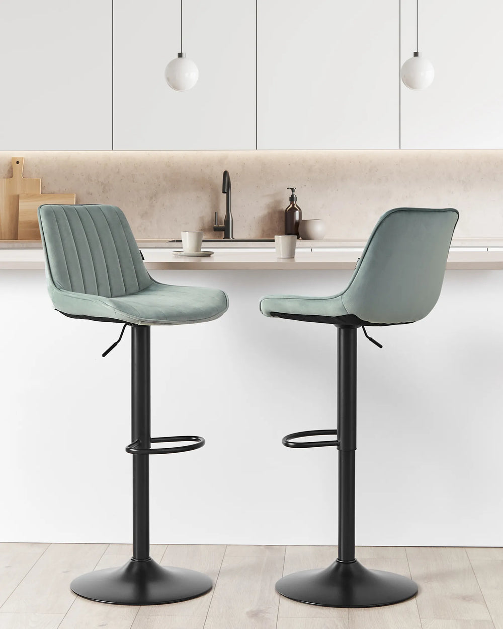 Set of 2 Bar Chairs Velvet Swivel Mint Green Adjustable Height Dravon