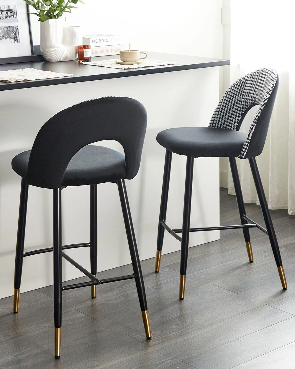 Set of 2 Bar Chairs Velvet Black/ White Retro Style Presta