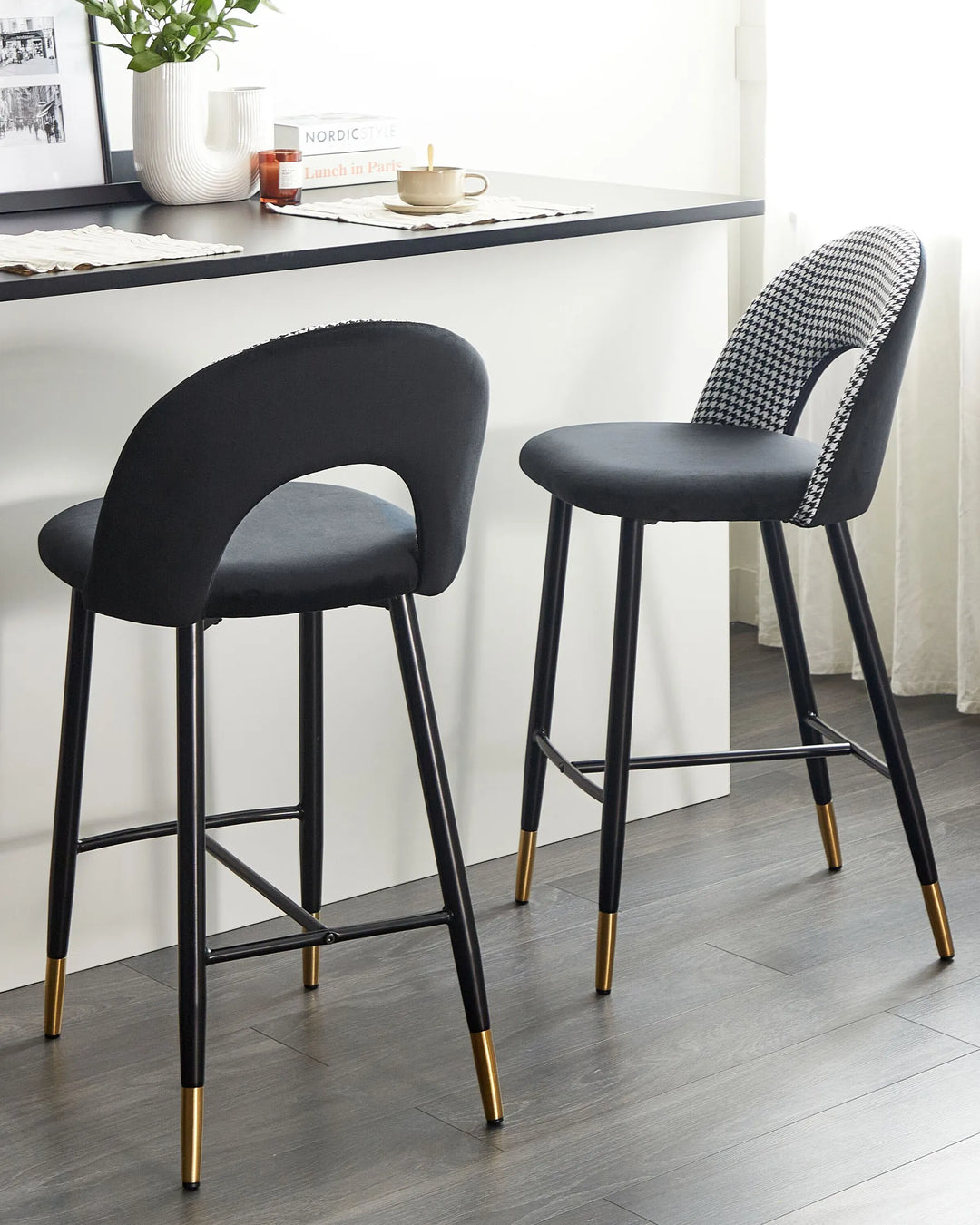 Set of 2 Bar Chairs Velvet Black/ White Retro Style Presta