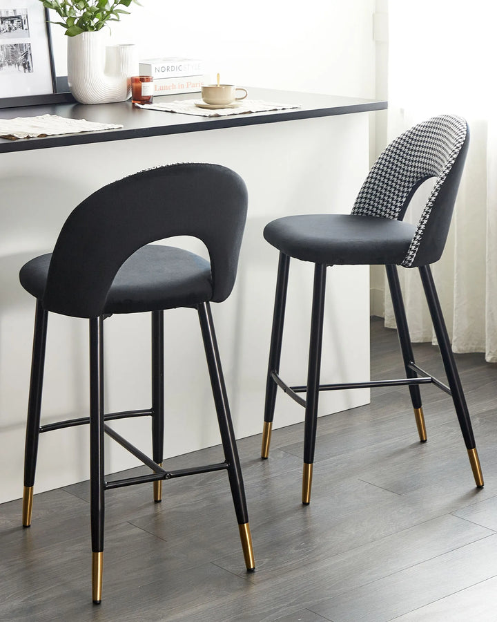 Set of 2 Bar Chairs Velvet Black/ White Retro Style Presta