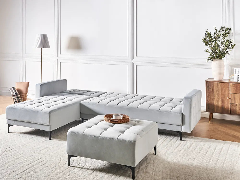 Modular Corner Sofa Bed 4 Seater Velvet Light Grey with Ottoman Right Hand Denby