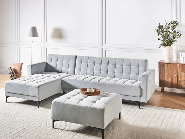 Modular Corner Sofa Bed 4 Seater Velvet Light Grey with Ottoman Right Hand Denby