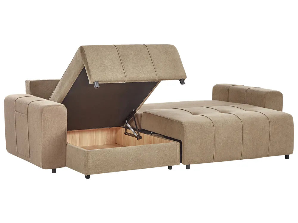 Corner Sofa Bed 3 Seater Fabric Brown with Storage Right Hand Rista