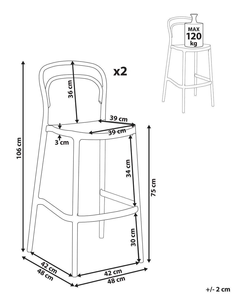 Set of 2 Garden Bar Chairs Black All-Weather Kalvio