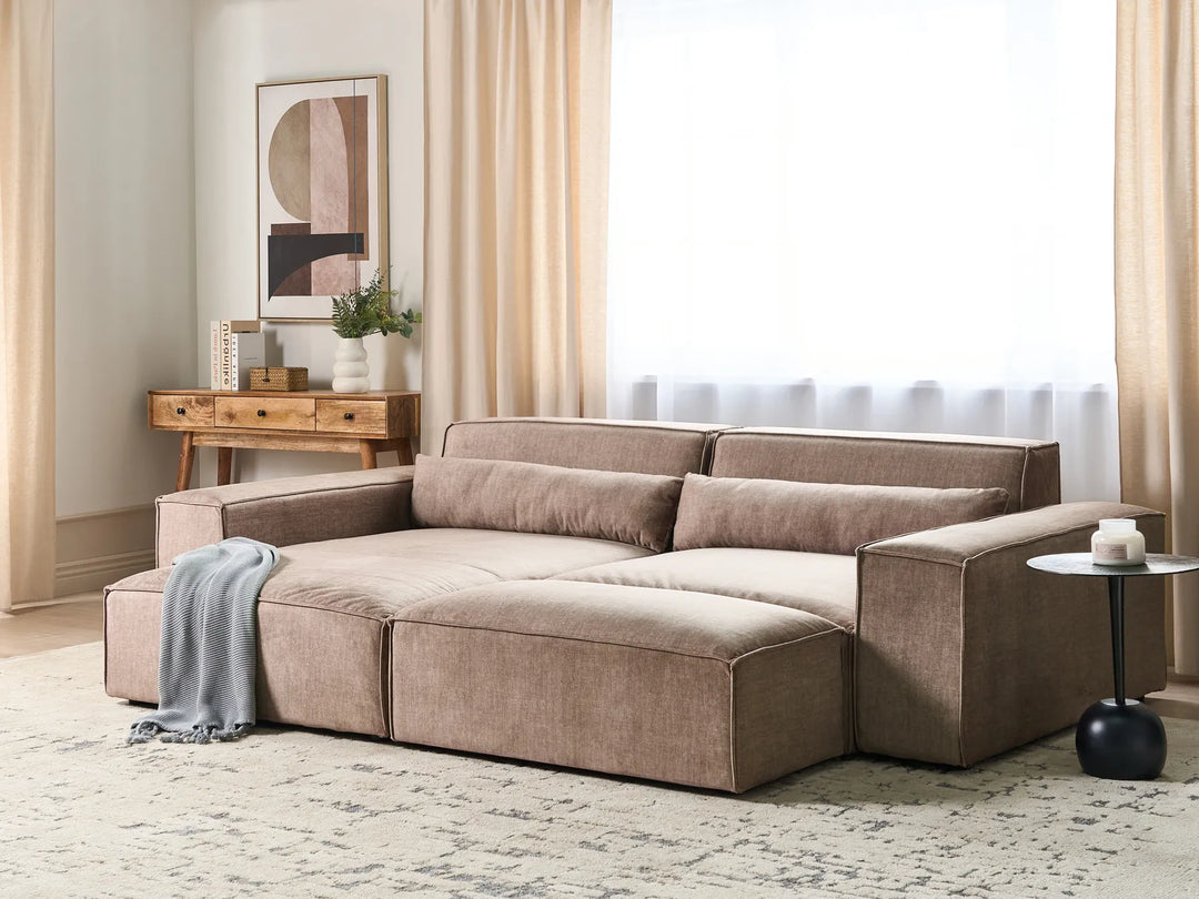Modular Corner Sofa 2 Seater Fabric Light Brown with Ottoman Right Hand Bouke