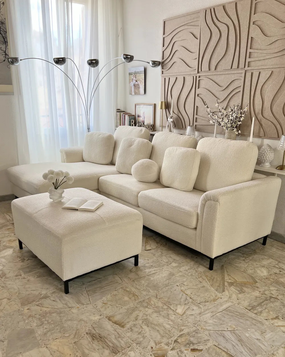 Corner Sofa 5 Seater Boucle White with Ottoman Right Hand Thremo