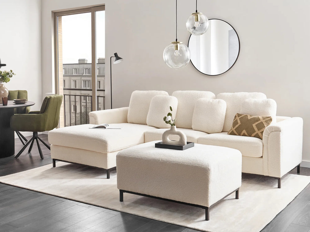 Corner Sofa 5 Seater Boucle White with Ottoman Right Hand Thremo