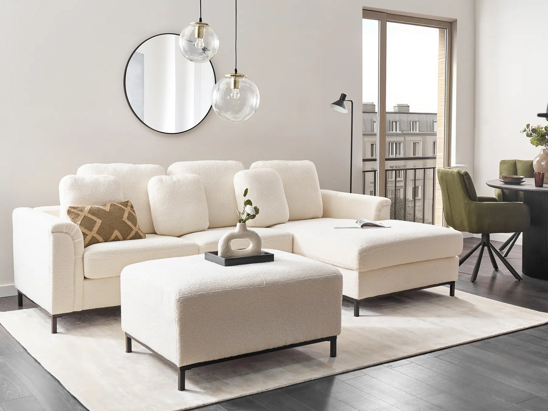 Corner Sofa 5 Seater Boucle White with Ottoman Left Hand Thremo