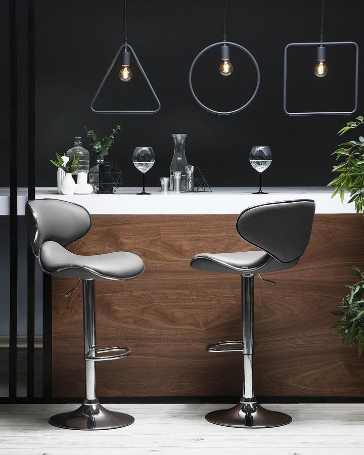 Set of 2 Bar Chairs Faux Leather Swivel Grey Adjustable Height Fresto