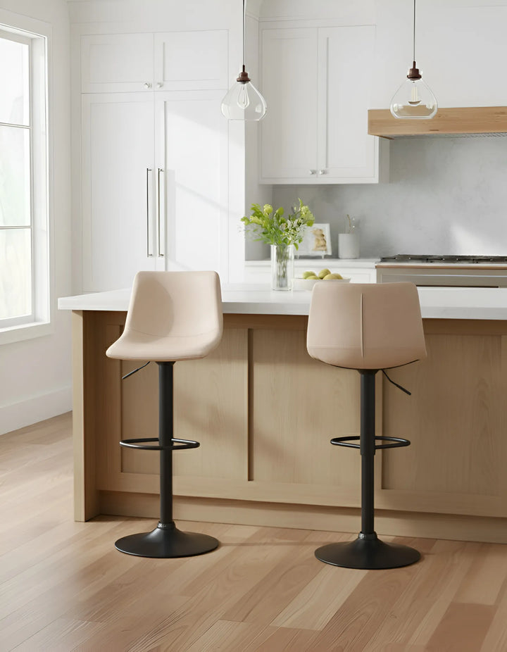 Set of 2 Bar Stools Faux Leather Swivel Light Beige Comfortable Footrest Kivron