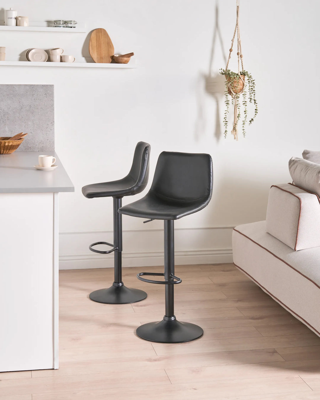 Set of 2 Bar Stools Faux Leather Swivel Black Elegant Design Kivron