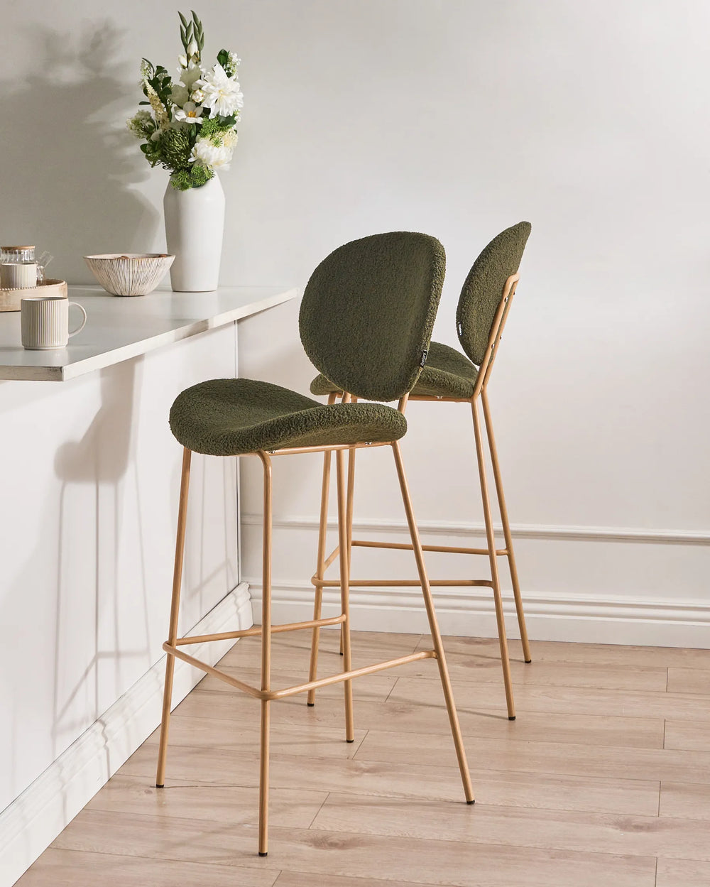 Set of 2 Bar Chairs Boucle Dark Green High Quality Orlian