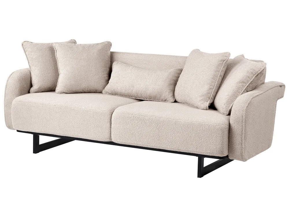 A modern two-seater sofa upholstered in a textured light beige bouclé fabric, featuring a black metal frame and four matching throw pillows, shown against a plain white background.