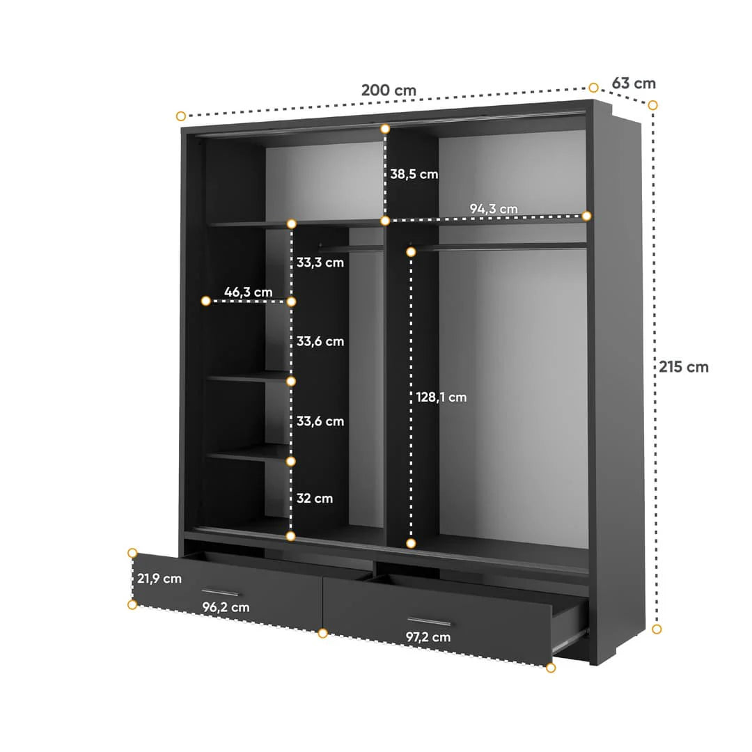 Isabella Sliding Door Wardrobe 200cm Black Matt with LED Lights