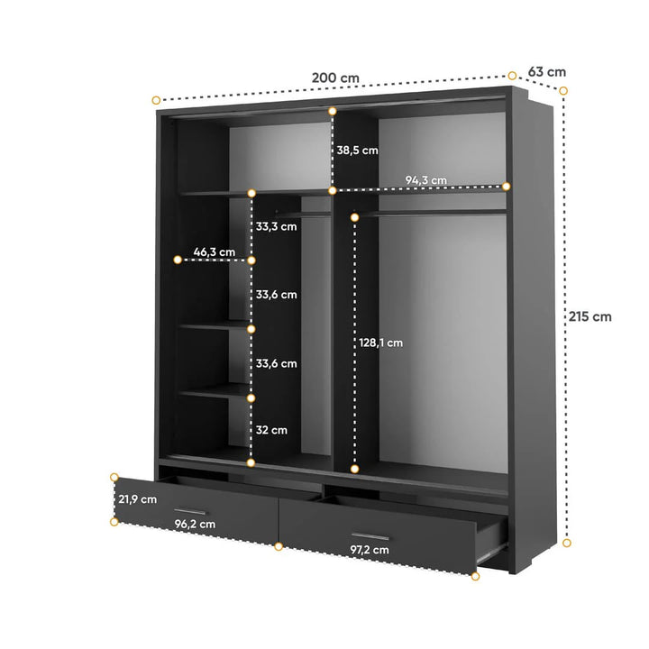 Isabella Sliding Door Wardrobe 200cm Black Matt with LED Lights
