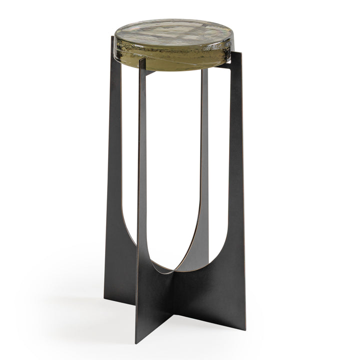 Modern side table with glass top and black metal frame on a white background