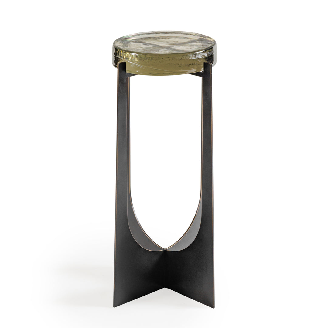 Modern side table with glass top and black metal base on a white background