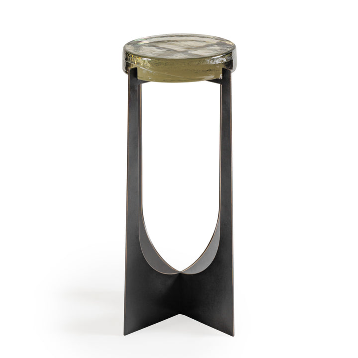 Modern side table with glass top and black metal base on a white background