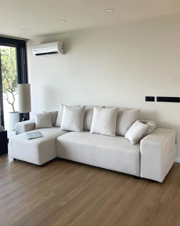 Corner Sofa Bed 3 Seater Fabric Light Beige with Storage Right Hand Vardie