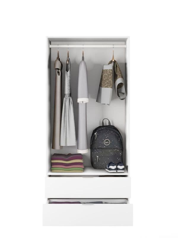 White wardrobe with clothes and a backpack on a white background