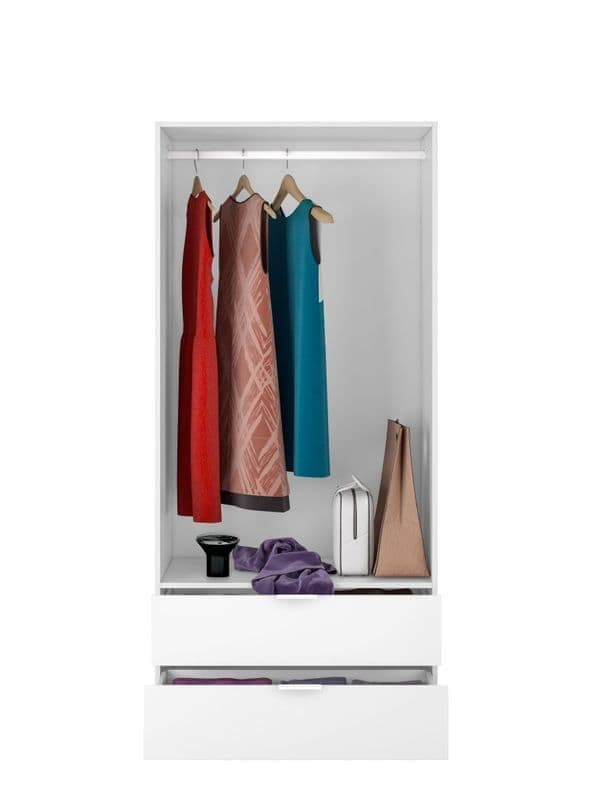 White wardrobe with clothes on hangers and items on shelves against a white background