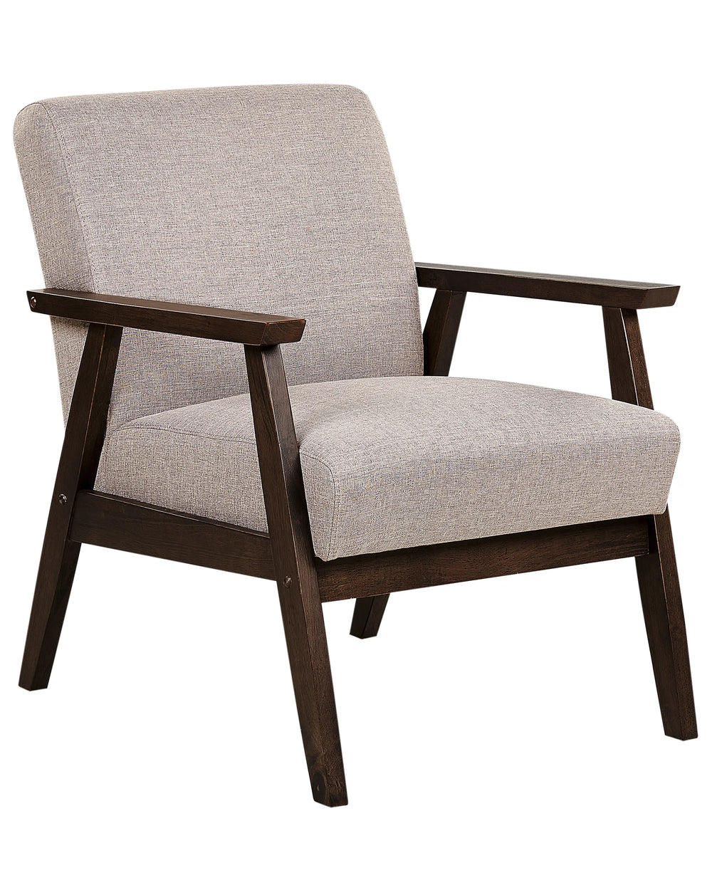 Chair with gray cushion and dark wood frame on a white background