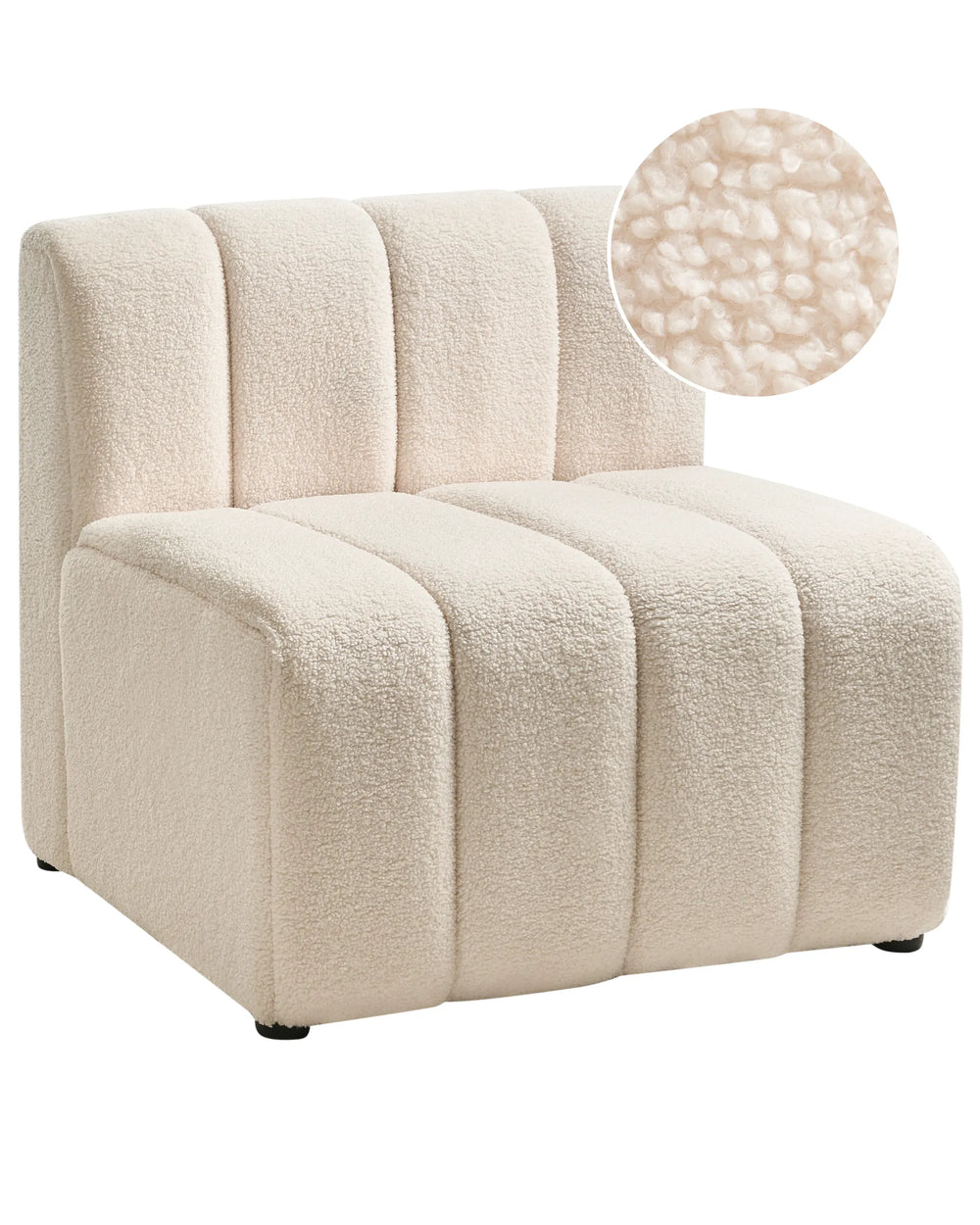 Beige upholstered chair with close-up of fabric texture on a white background