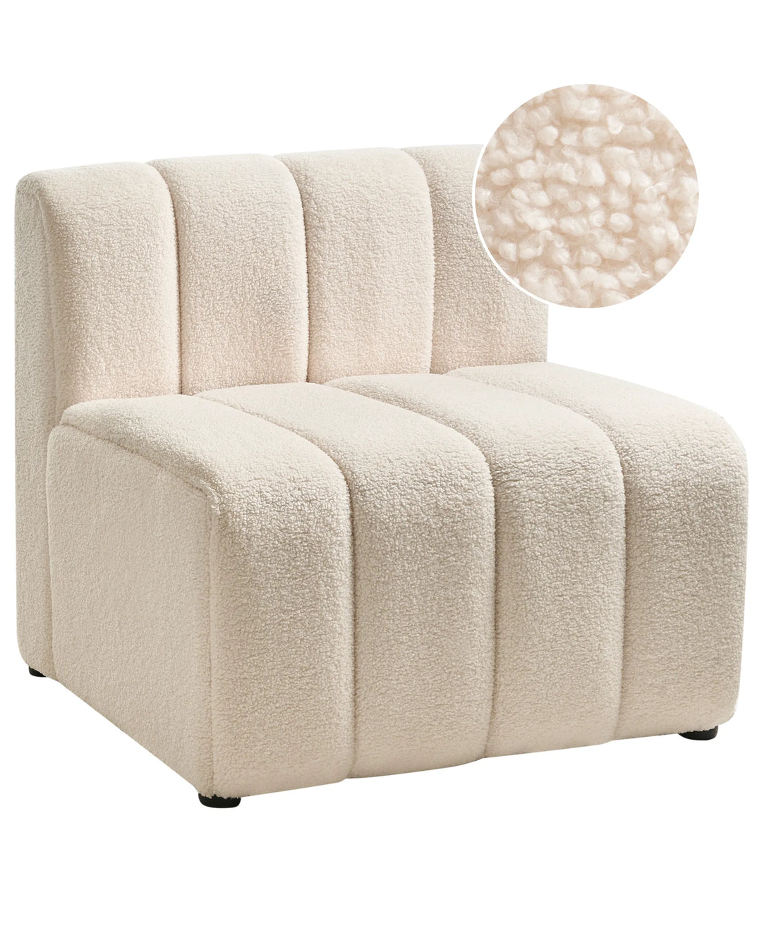 Beige upholstered chair with close-up of fabric texture on a white background