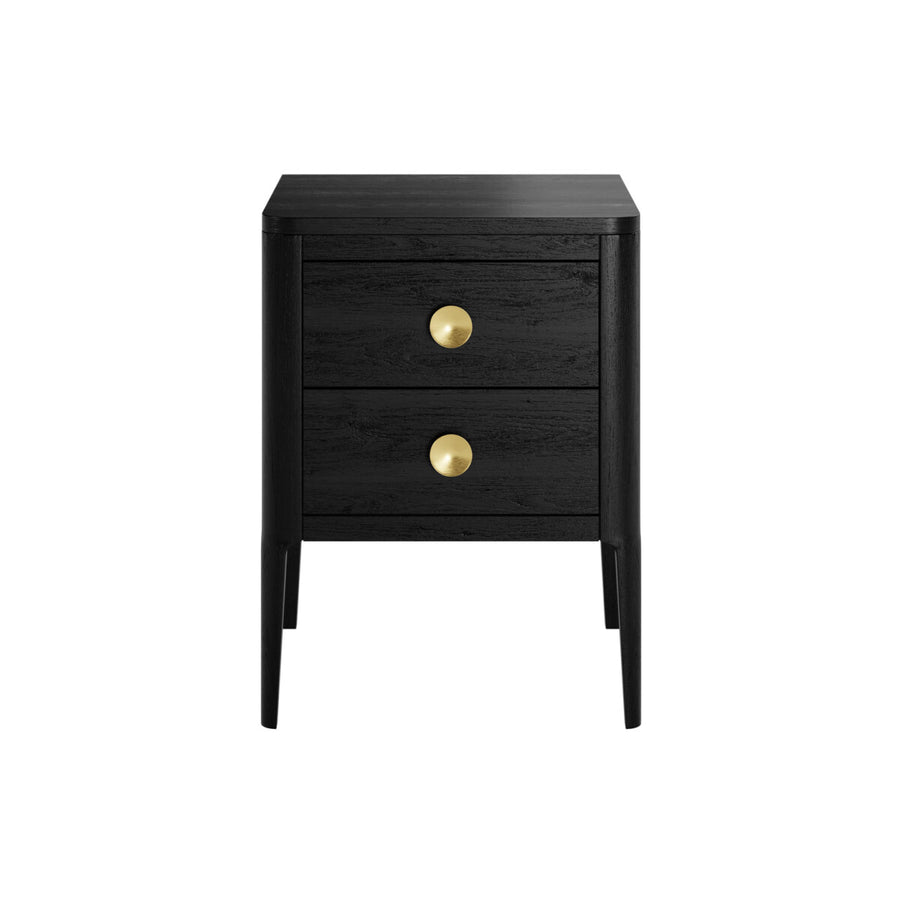 Black nightstand with gold knobs on a white background