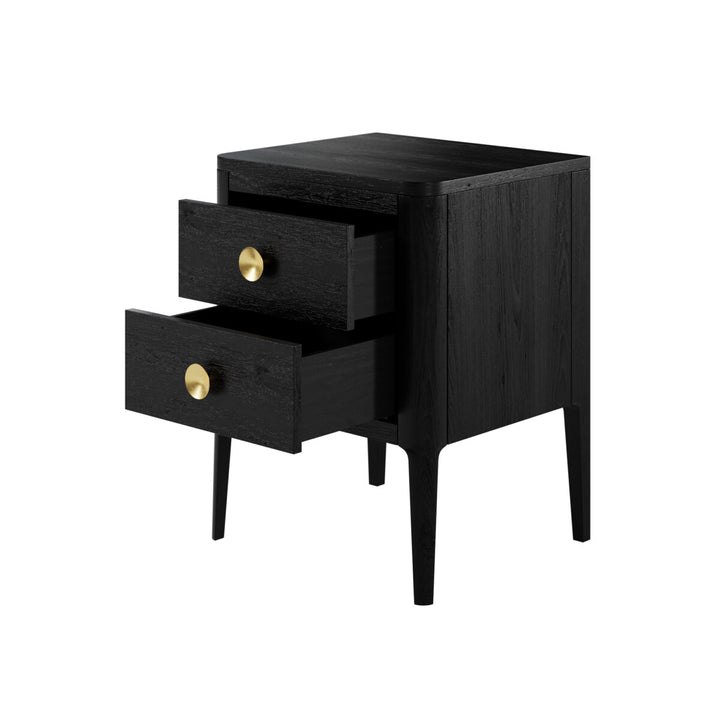 Black nightstand with two drawers and gold knobs on a white background