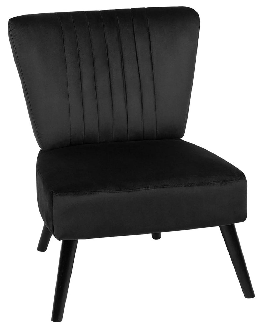 Black upholstered chair with wooden legs on a white background