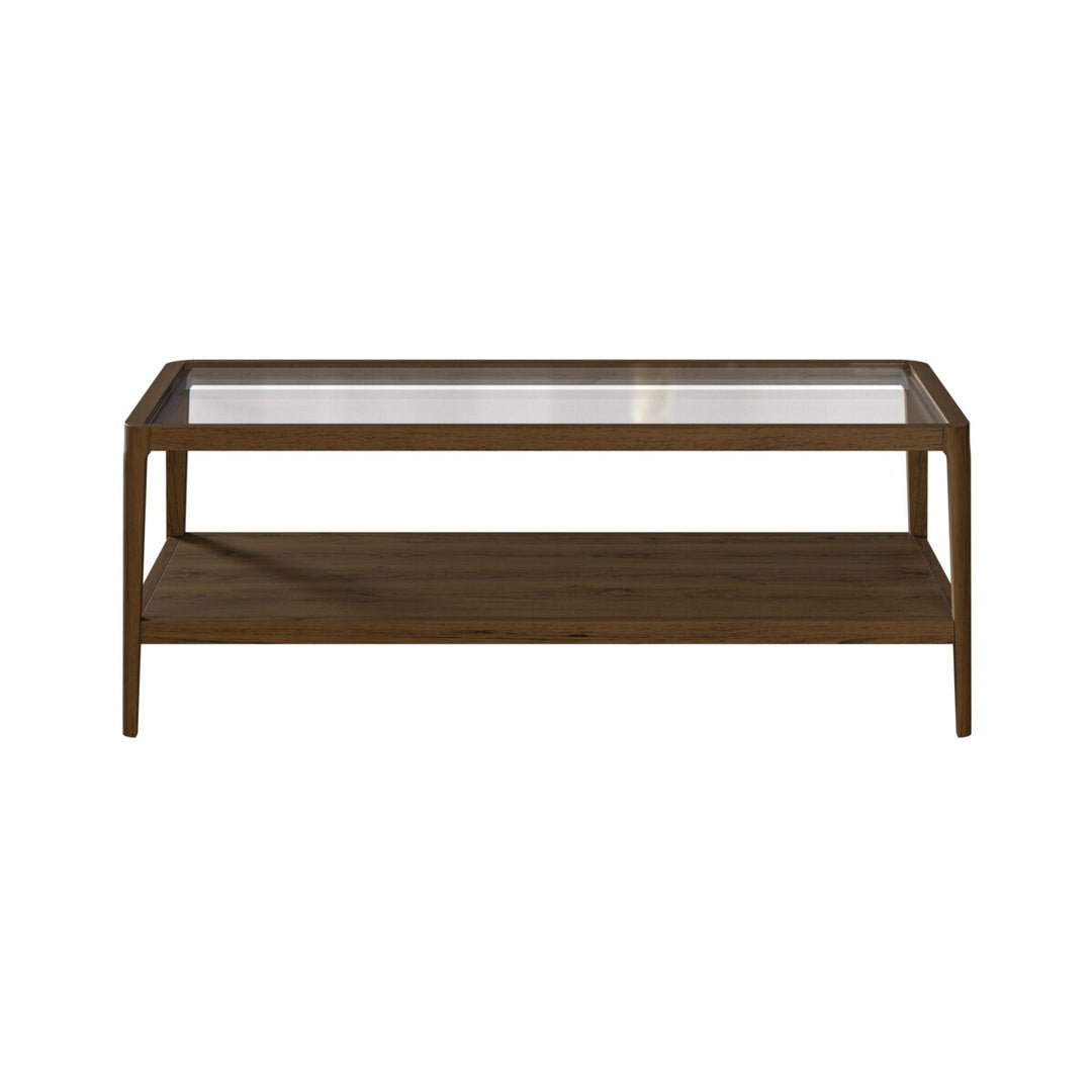 Wooden coffee table with glass top on a white background