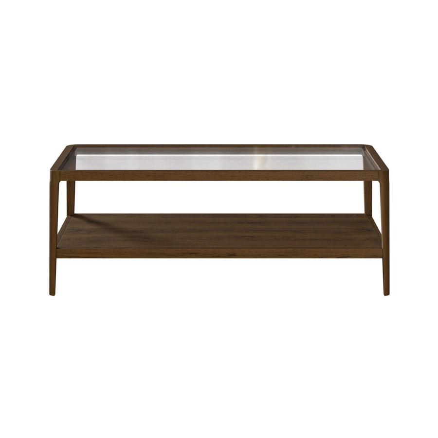 Wooden coffee table with glass top on a white background