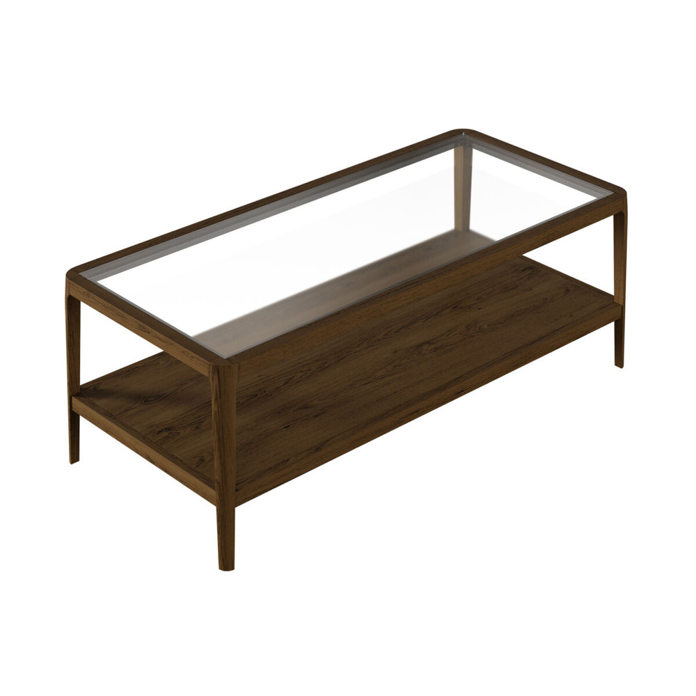 Wooden coffee table with glass top on a white background