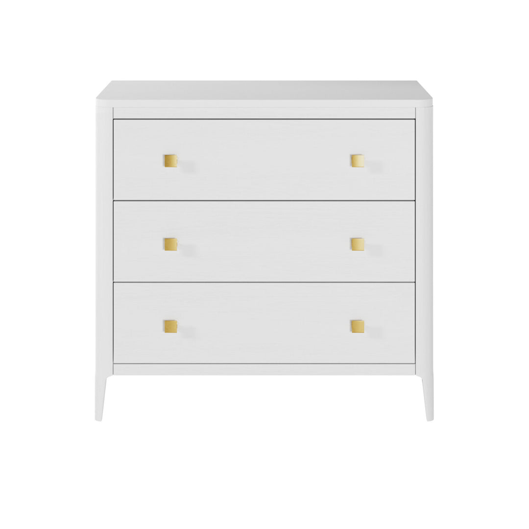 White dresser with gold knobs on a white background