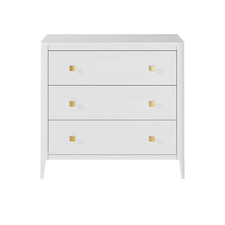 White dresser with gold knobs on a white background