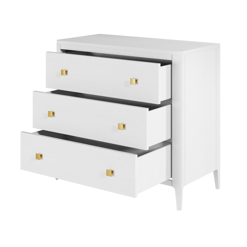 White dresser with black trim and gold knobs on a white background
