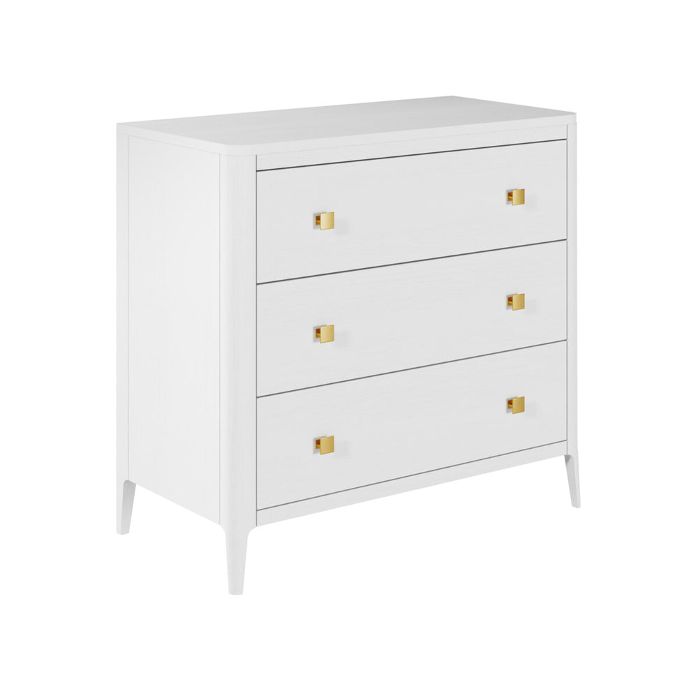 White dresser with gold knobs on a white background