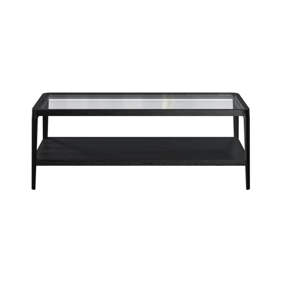 Black metal coffee table with glass top on a white background