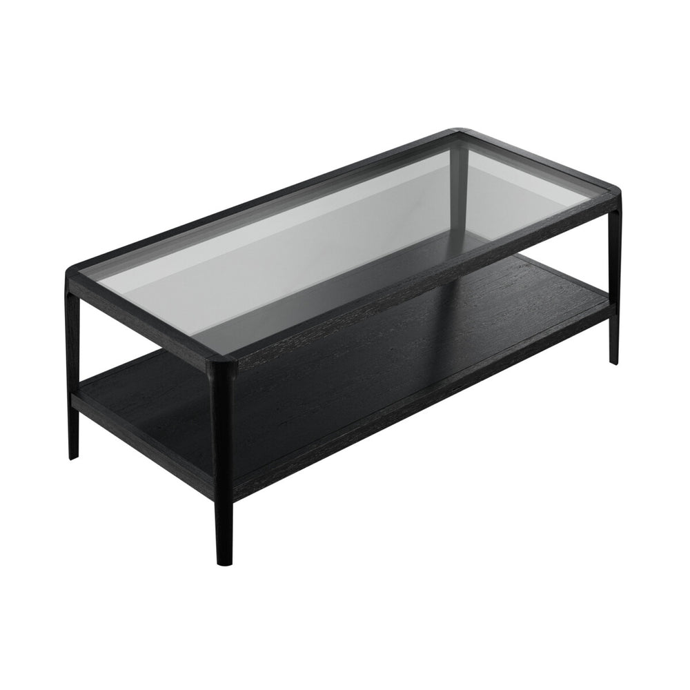 Black coffee table with glass top on a white background