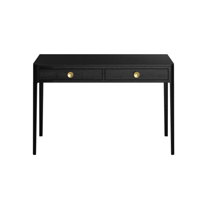 Black console table with two drawers on a white background