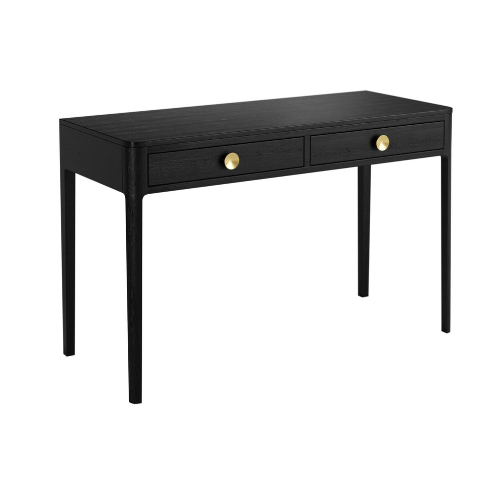 Black desk with two drawers on a white background