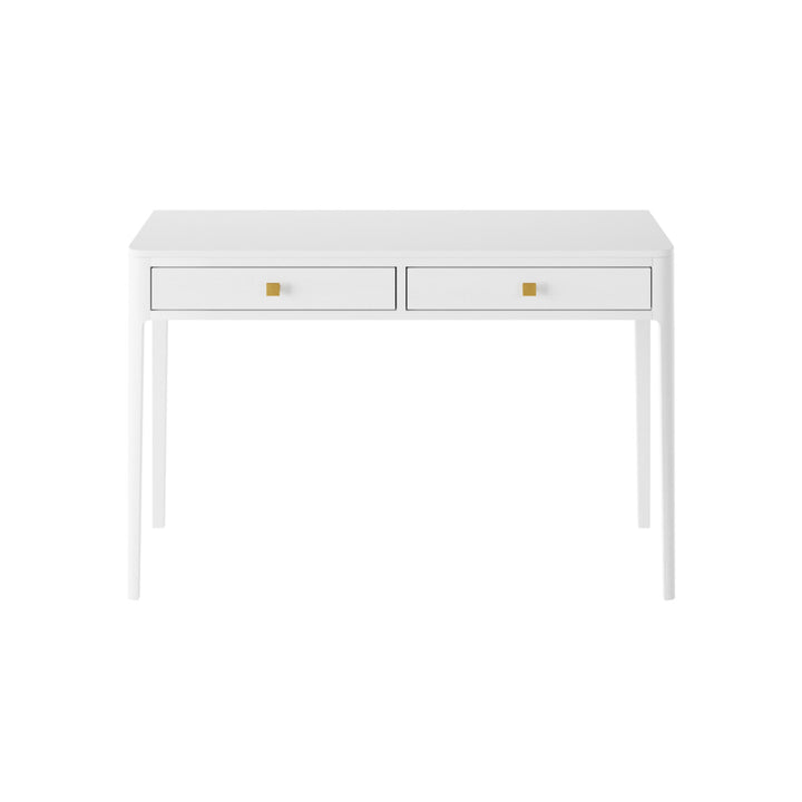 White console table with two drawers on a white background