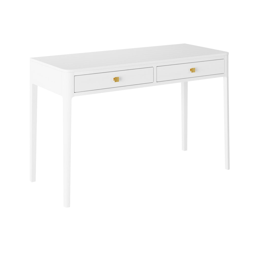 White desk with two drawers on a white background