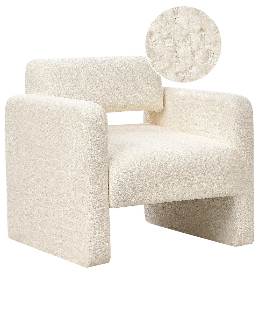 Cream-colored armchair with a close-up of the fabric texture on a white background