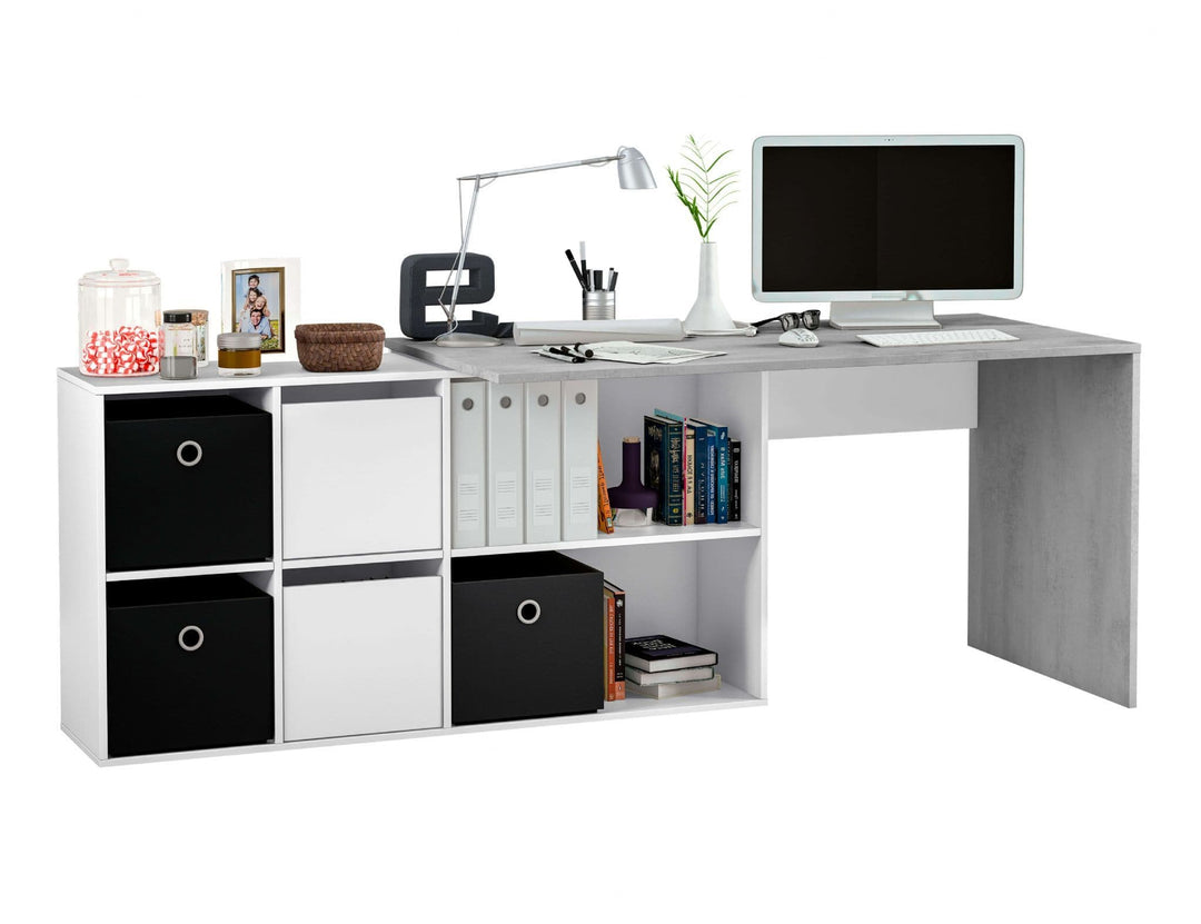 White and concrete grey corner office desk