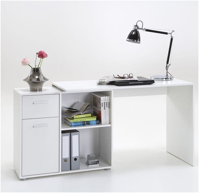 White office desk with a lamp, books, and a vase on a white background