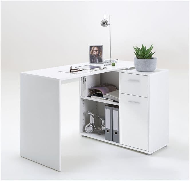 White office desk with shelves, a plant, and a photo frame on a white background